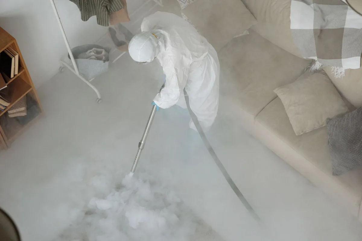 Biohazard cleanup technician in protective equipment, Ellenton, FL